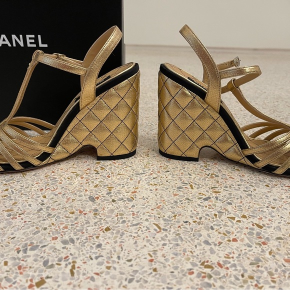 Chanel 2022 Metallic Gold Black Quilted Wedges - Picture 5 of 8